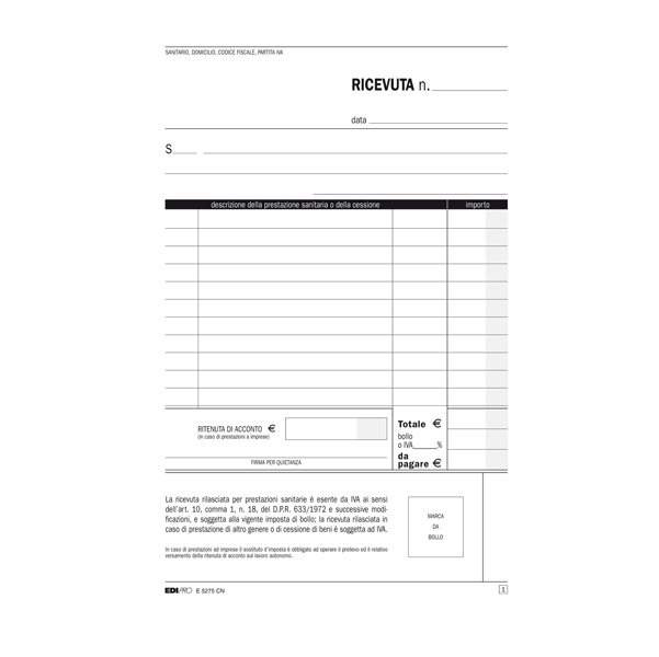  Blocco ricevute sanitarie - 50/50 fogli autoricalcanti - 23 x 15cm - Edipro 