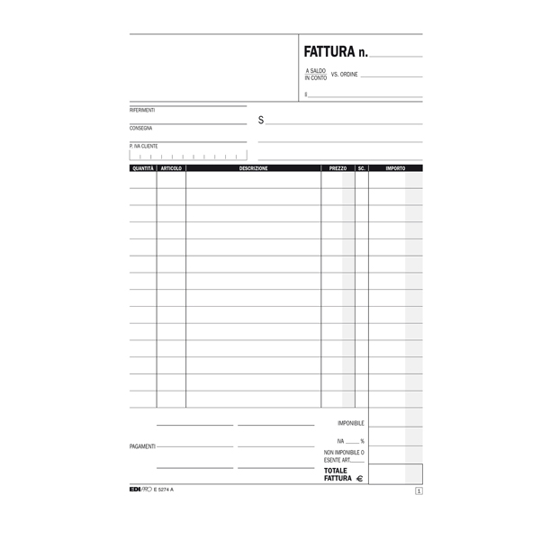  Blocco fatture 1 aliquota Iva - 50/50 fogli autoricalcanti - 23 x 15cm - Edipro 