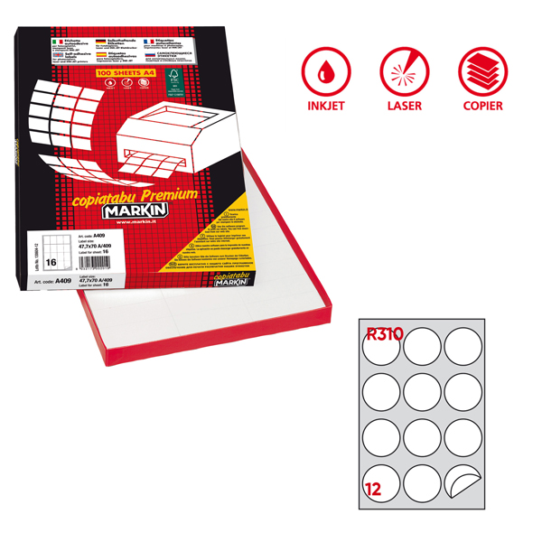  Etichette adesive R/310 - in carta - permanenti - tonde - diametro 60 mm - 12 et/fg - 100 fogli - bianco - Markin 