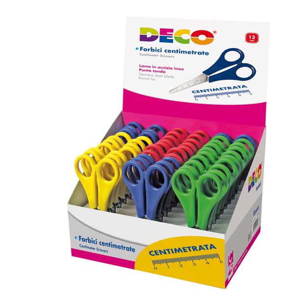  Forbici centimetrate - punta tonda - 13 cm - lama in acciaio inox - colori assortiti - DECO - conf. 30 pezzi 