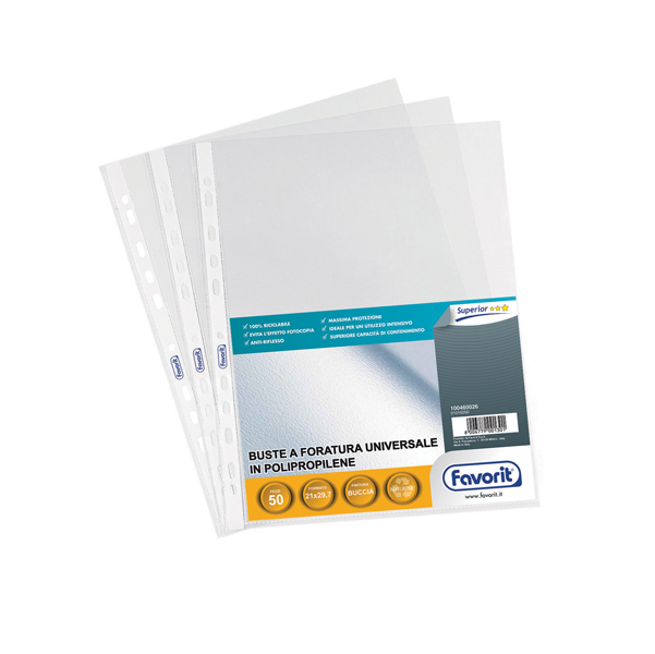  Buste forate Special PP - Superior - buccia - 21 x 29,7 cm - trasparente - Favorit - conf. 50 pezzi 