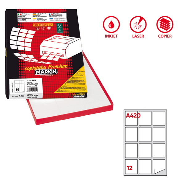  Etichette adesive A/420 - in carta - permanenti - 63,5x72 mm - 12 et/fg - 100 fogli - bianco - angoli tondi - Markin 