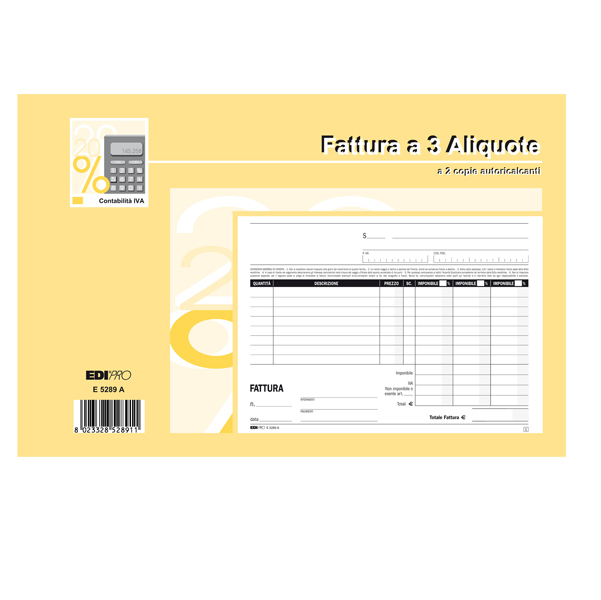  Blocco fatture 3 aliquote Iva - 50 fogli 2 copie autoricalcanti - 15 x 23cm - Edipro 