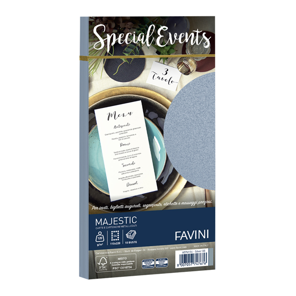  Busta Special Events metal - 110 x 220 mm - 120 gr - argento - Favini - conf. 10 buste 