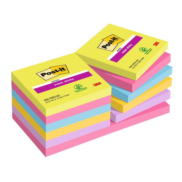  Blocco foglietti Post-it Super Sticky - 654-12SSUCC - 76 x 76 mm - colori Ultra - 90 fogli - Post-it 