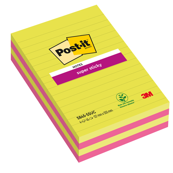  Blocco foglietti Post-it Super Sticky rettangolari - 5845-4SSUC - a righe - 127 x 203 mm - colori Ultra - 45 fogli - Post-it 