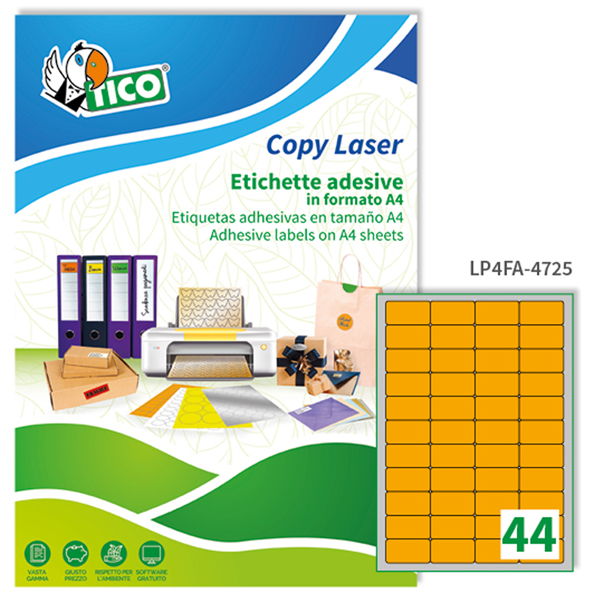  Etichette adesive LP4F - in carta - angoli arrotondati - permanenti - 47,5 x 25,5 mm - 44 et/fg - 70 fogli - arancio fluo - Tico 