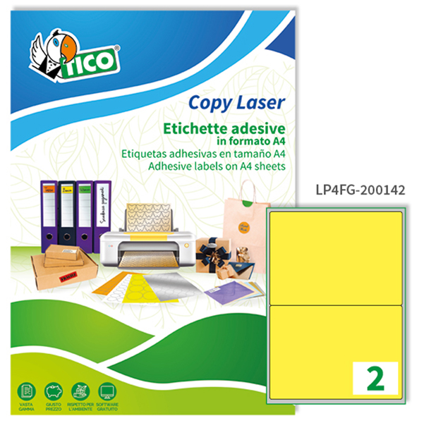  Etichette adesive LP4F - in carta - angoli arrotondati - permanenti - 200 x 142 mm - 2 et/fg - 70 fogli - giallo fluo - Tico 