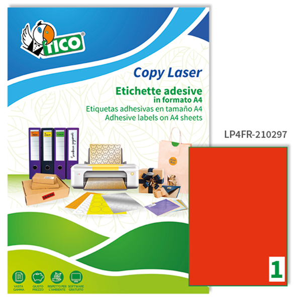  Etichette adesive LP4F - in carta - permanenti - 210 x 297 mm - 1 et/fg - 70 fogli - rosso fluo - Tico 