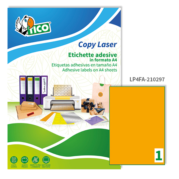  Etichette adesive LP4F - in carta - permanenti - 210 x 297 mm - 1 et/fg - 70 fogli - arancio fluo - Tico 