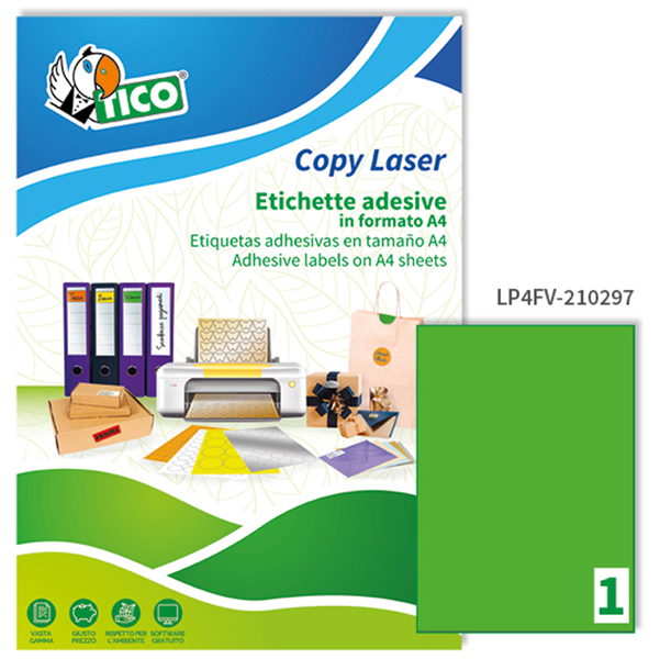  Etichette adesive LP4F - in carta - permanenti - 210 x 297 mm - 1 et/fg - 70 fogli - verde fluo - Tico 