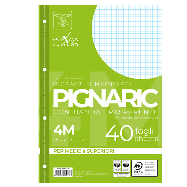  Ricambi forati rinforzati Pignaric - A4 - 4mm - 80gr - Pigna - conf. 40 pezzi 