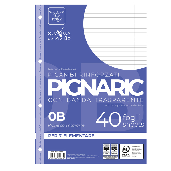  Ricambi forati rinforzati Pignaric - A4 - rigo di 3a - 80gr - Pigna - conf. 40 pezzi 