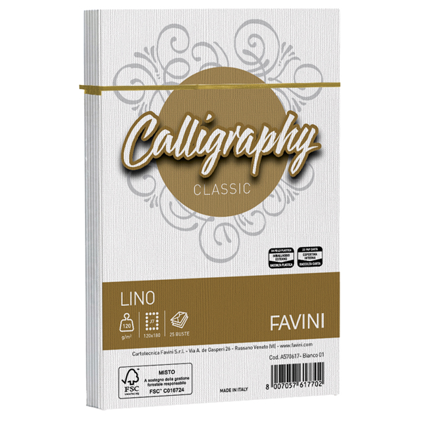  Buste Calligraphy Lino - 120 x 180 mm - 120 gr - bianco 01 - Favini - conf. 25 pezzi 