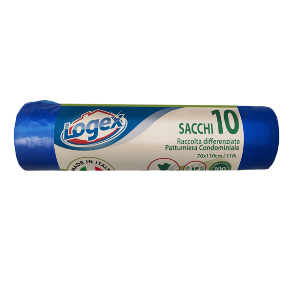  Sacchi per immondizia - 70x110 cm - 120 L - 16 micron - blu - Logex Professional - rotolo da 10 sacchetti 