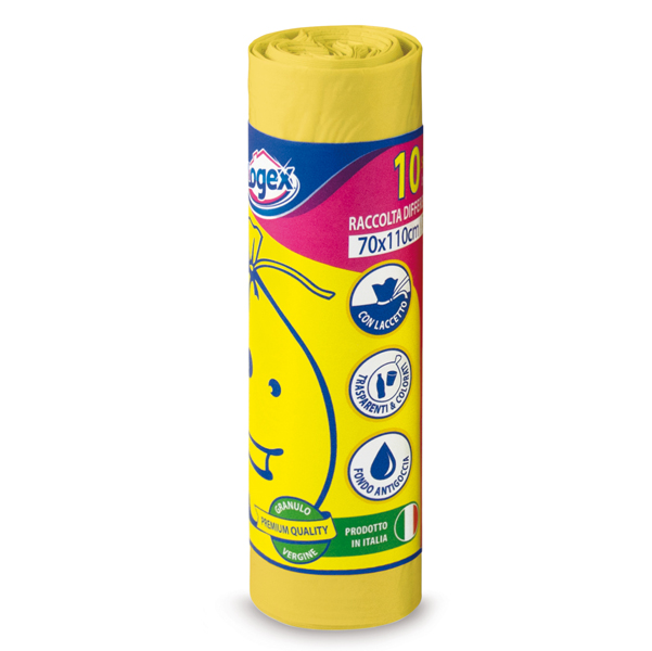  Sacchi per immondizia - 70x110 cm - 120 L - 16 micron - giallo - Logex Professional - rotolo da 10 sacchetti 