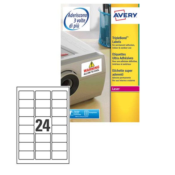  Etichette adesive extra strong L6141 - in poliestere - laser - permanenti - 63,5 x 33,9 mm - 24 et/fg - 20 fogli - bianco - Avery 