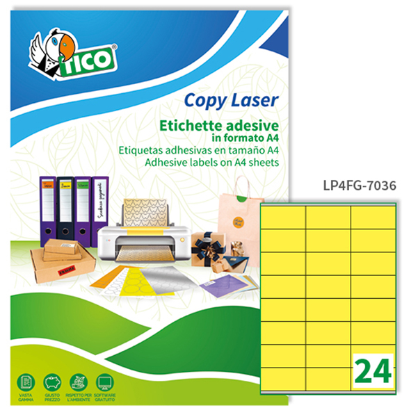  Etichette adesive LP4F - in carta - con margini - permanenti - 70 x 36 mm - 24 et/fg - 70 fogli - giallo fluo - Tico 
