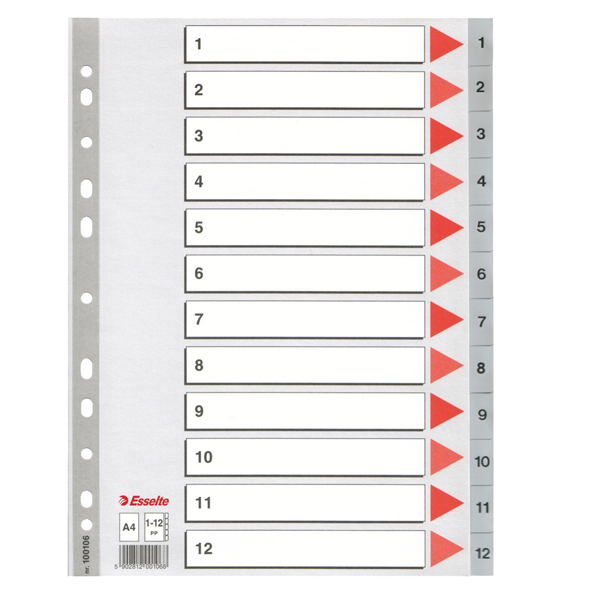  Separatore numerico 1/12 - PP - A4 - 22,5x29,7 cm - grigio - Esselte 