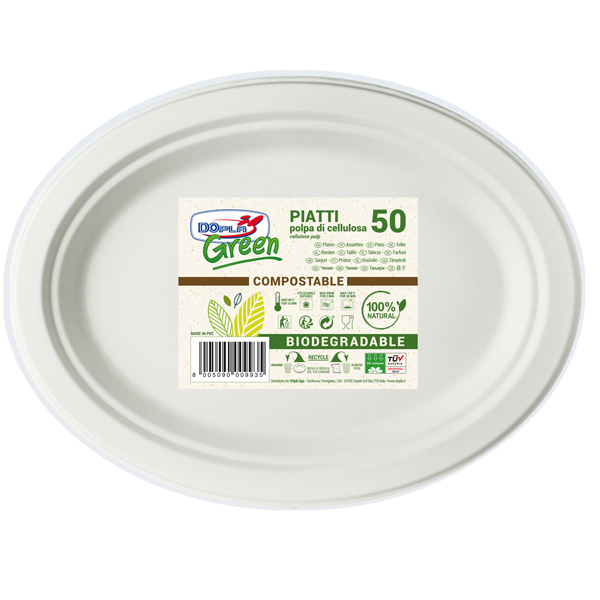  Piatto piano monouso - ovale - 26 x 19,5 cm - cellulosa - bianco - Dopla Green - conf. 50 pezzi 