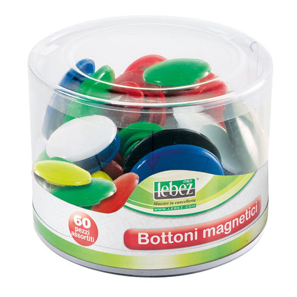  Bottoni magnetici tondi - misure e colori assortiti - Lebez - barattolo da 60 pezzi 