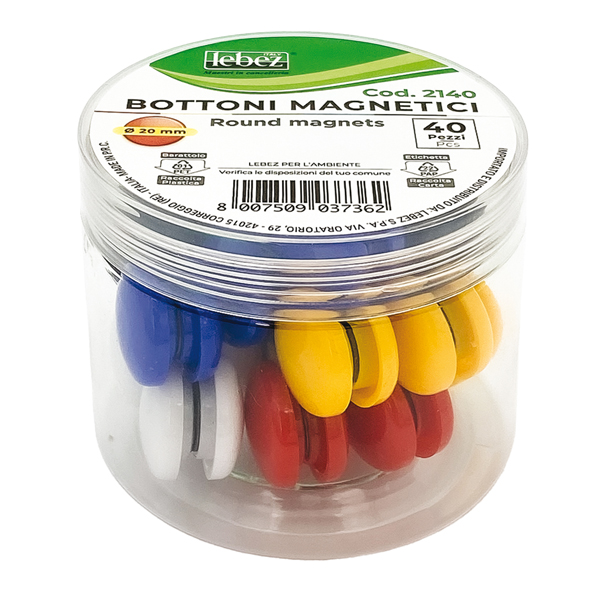  Bottoni magnetici tondi - diametro 2 cm - colori assortiti - Lebez - barattolo da 40 pezzi 