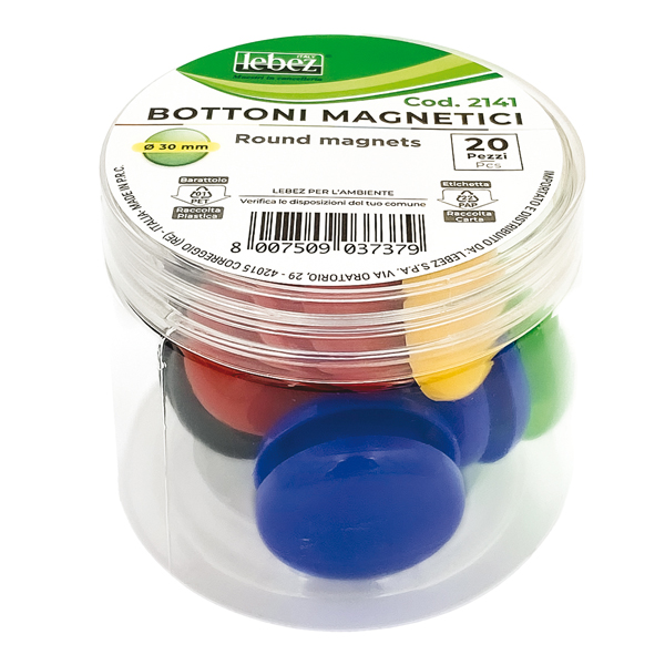  Bottoni magnetici tondi - diametro 3 cm - colori assortiti - Lebez - barattolo da 20 pezzi 