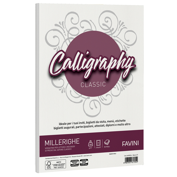  Carta Calligraphy Millerighe - A4 - 100 gr - bianco 01 - Favini - conf. 50 fogli 