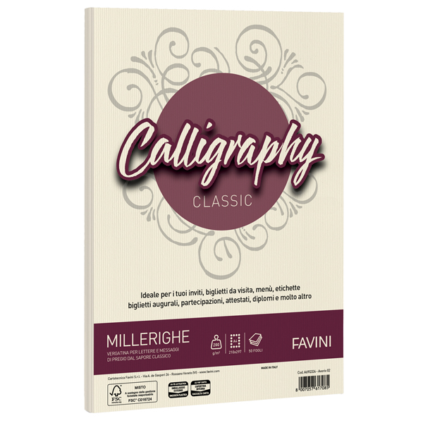  Carta Calligraphy Millerighe - A4 - 200 gr - avorio 02 - Favini - conf. 50 fogli 
