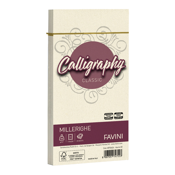  Busta Calligraphy Millerighe - 110 x 220 mm - 100 gr - avorio 02 - Favini - conf. 25 pezzi 