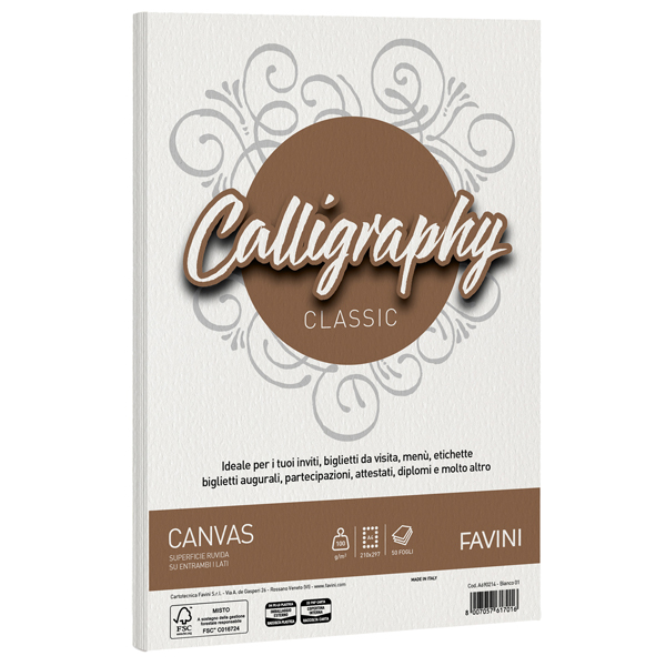  Carta Calligraphy Canvas - A4 - 100 gr - bianco 01 - Favini - conf. 50 fogli 