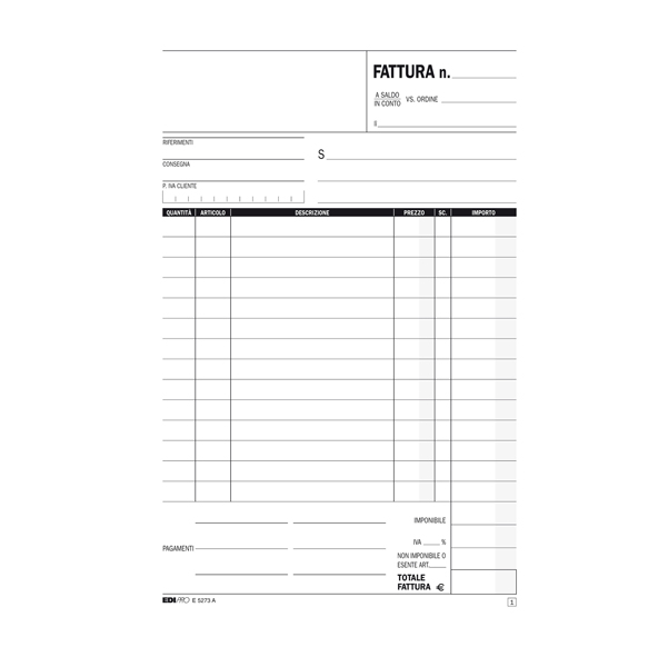  Blocco fattura 1 aliquota - 33 fogli 3 copie autoricalcanti - 23 x 14,8cm - Edipro 