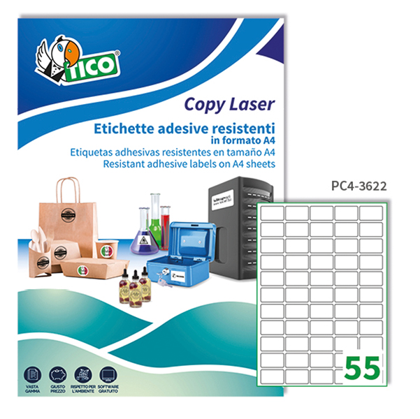  Etichette adesive PC4 - in poliestere - laser - permanenti - 36 x 22 mm - 55 et/fg - 100 fogli - trasparente - Tico 