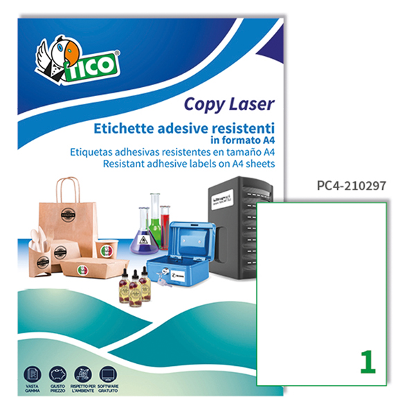  Etichette adesive PC4 - in poliestere - laser - permanenti - 210 x 297 mm - 1 et/fg - 100 fogli - trasparente - Tico 