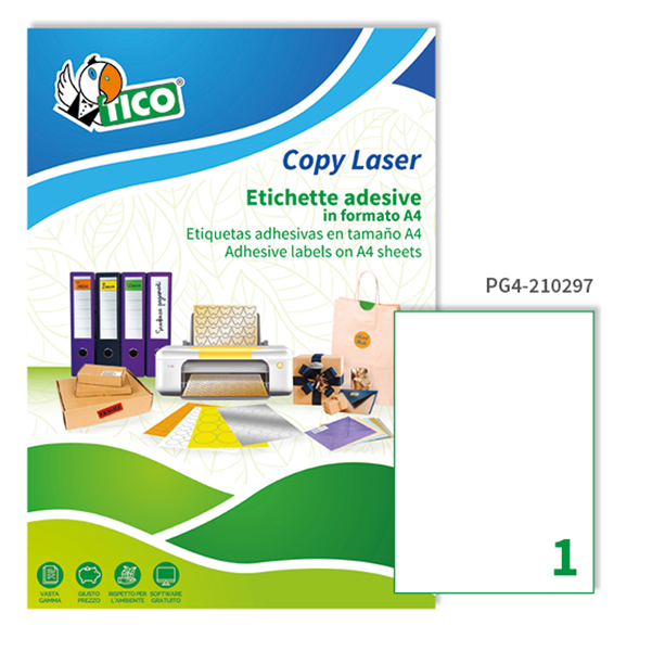  Etichette adesive PG4 - in carta - laser - permanenti - 210 x 297 mm - 1 et/fg - 100 fogli - bianco lucido - Tico 
