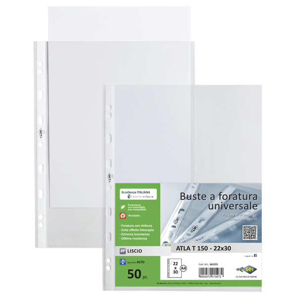  Buste forate Atla T - pesante - liscio - 22 x 30 cm - trasparente - Sei Rota - conf. 50 pezzi 