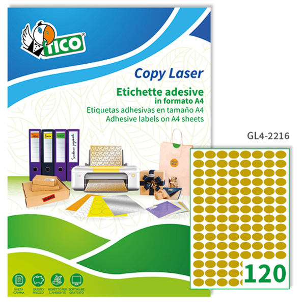 Etichette adesive ovali GL4 - in carta - permanenti - 22 x 16 mm - 120 et/fg - 100 fogli - oro satinato - Tico 