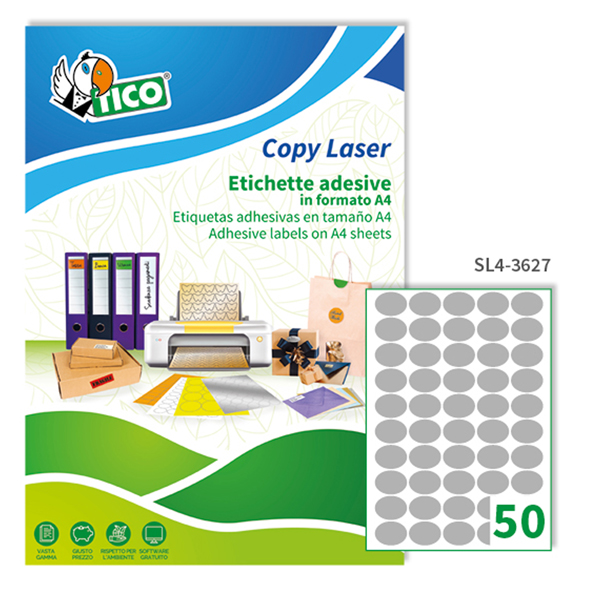  Etichette adesive ovali SL4 - in carta - permanenti - 36 x 27 mm - 50 et/fg - 100 fogli - argento satinato - Tico 
