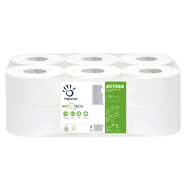  Carta igienica Mini Jumbo Bio Tech - microgoffrata - 2 veli - 16,5 gr - diametro 19,5 cm - 9,5 cm x 150 mt - Papernet 