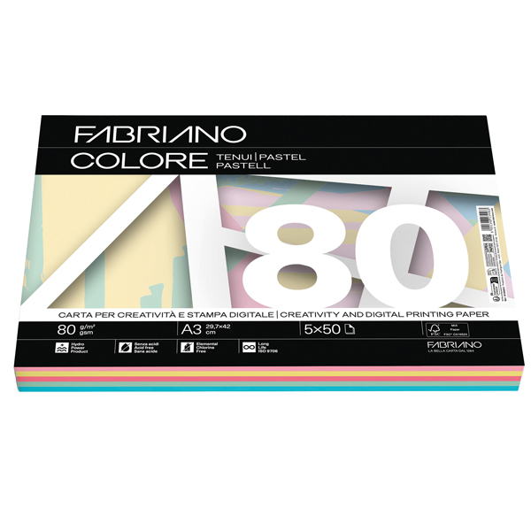  FabrianoColore - A3 - 80 gr - mix 5 colori tenui - Fabriano - conf. 250 fogli 