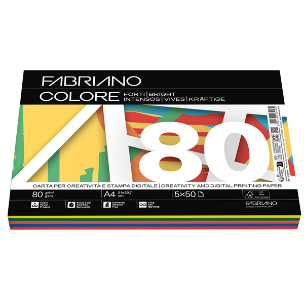  FabrianoColore - A4 - 80 gr - mix 5 colori forti - Fabriano - conf. 250 fogli 