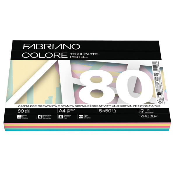  FabrianoColore - A4 - 80 gr - mix 5 colori tenui - Fabriano - conf. 250 fogli 