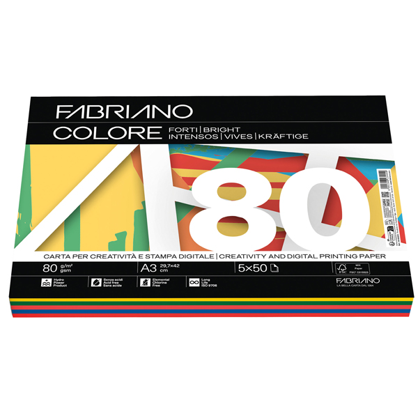  FabrianoColore - A3 - 80 gr - mix 5 colori forti - Fabriano - conf. 250 fogli 