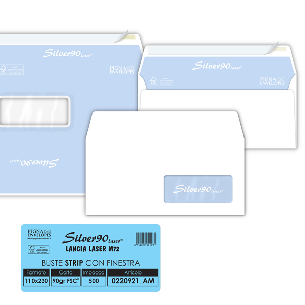 Busta Silver90 Strip Laser FSC - con finestra - internografata - 11 x 23 cm - 90 gr - bianco - Pigna Envelopes - conf. 500 pezzi 