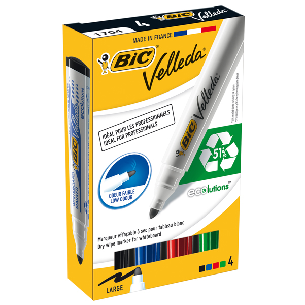  Marcatori Whiteboard Marker Velleda 1701 Recycled Bic - punta tonda 1,5mm - astuccio 4 colori - Bic 