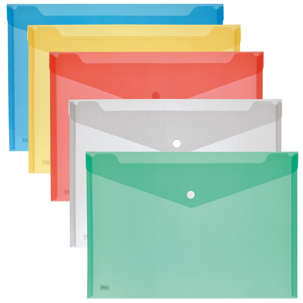  Busta con bottone - 33,5 x 23,5 cm - PP - colori assortiti - Lebez - conf. 5 pezzi 