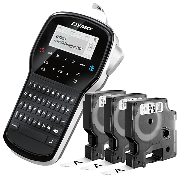  Bundle Dymo - Etichettatrice LM280 - 3 nastri D1 nero/bianco 12mm 