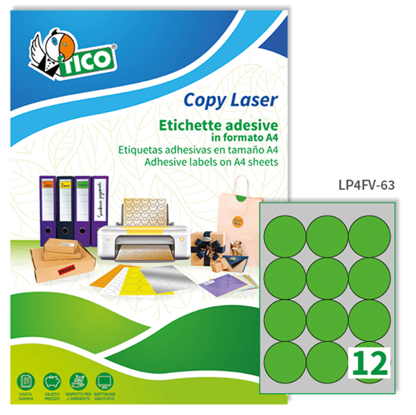  Etichette adesive tonde LP4F - in carta - con margini - permanenti - diametro 63,5 mm - 12 et/fg - 70 fogli - verde fluo - Tico 