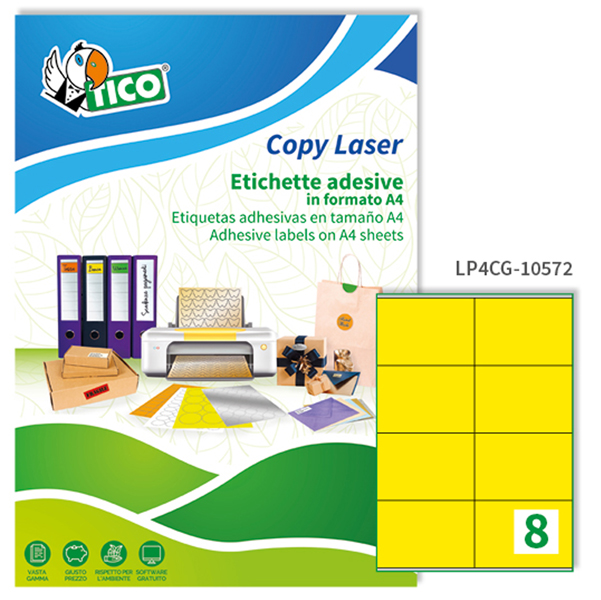  Etichette adesive LP4C - in carta - permanenti - 105 x 72 mm - 8 et/fg - 70 fogli giallo opaco - Tico 