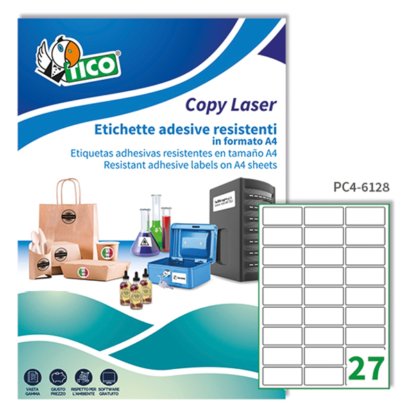  Etichette adesive PC4 - in poliestere - laser - permanenti - 61 x 286 mm - 27 et/fg - 100 fogli - trasparente - Tico 